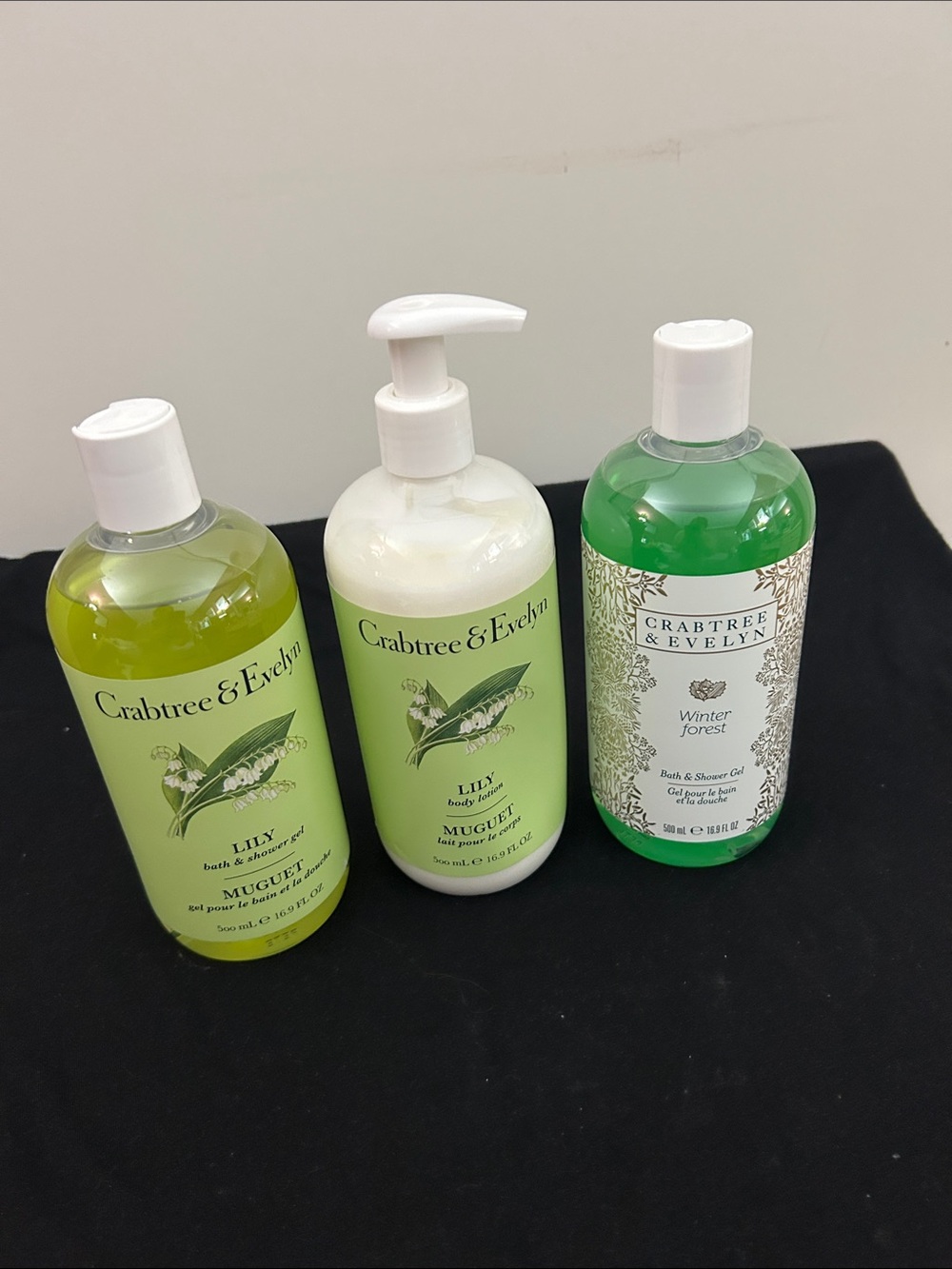 Bundle of three Crabtree & Evelyn Lily & Winter forest Bath &shower gel a lotion